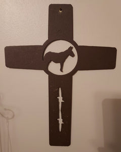 Metal Cross - Praying Cowboy or Mule or Donkey